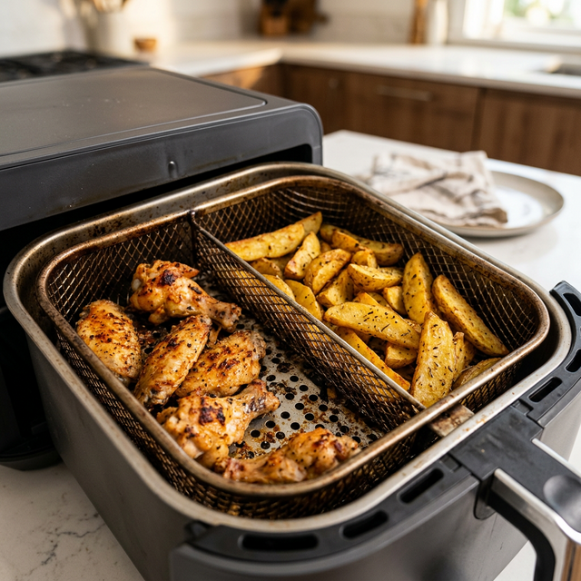 Vista detallada del cajón doble abierto de una airfryer moderna con alitas de pollo asadas y patatas doradas en el interior