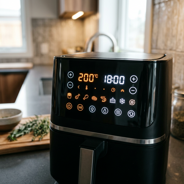 Vista detallada fotorrealista del panel digital moderno de una airfryer de cristal negro