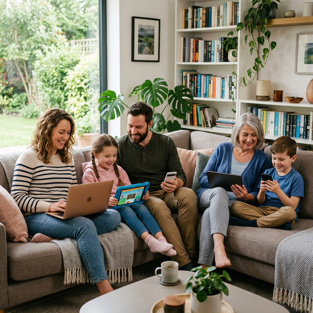 Una familia usando tabletas, portátiles y smartphones de forma tranquila y segura en el salón de su hogar
