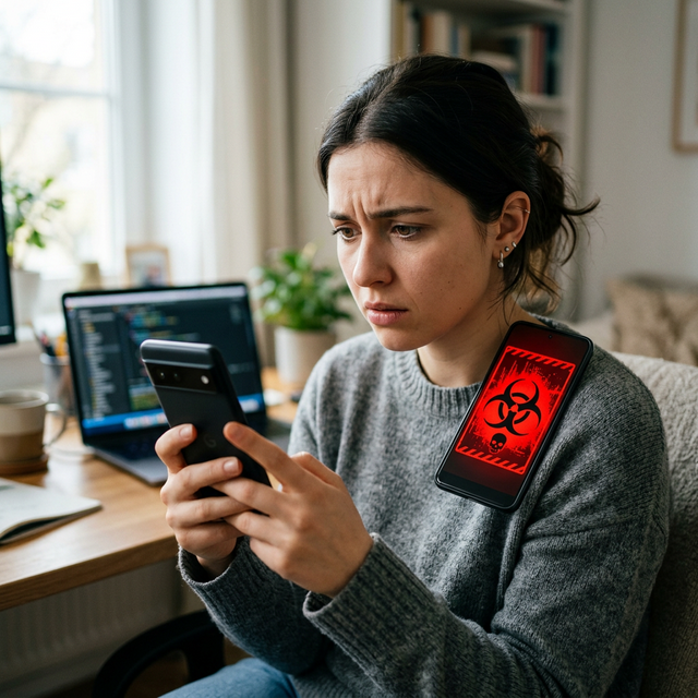 Mujer con expresión preocupada mirando su smartphone, que muestra en pantalla una alerta roja de archivo infectado