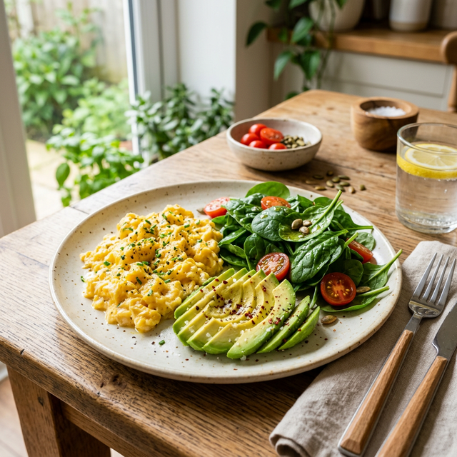 Plato saludable y denso en nutrientes con huevos y aguacate para romper el ayuno sin picos de insulina