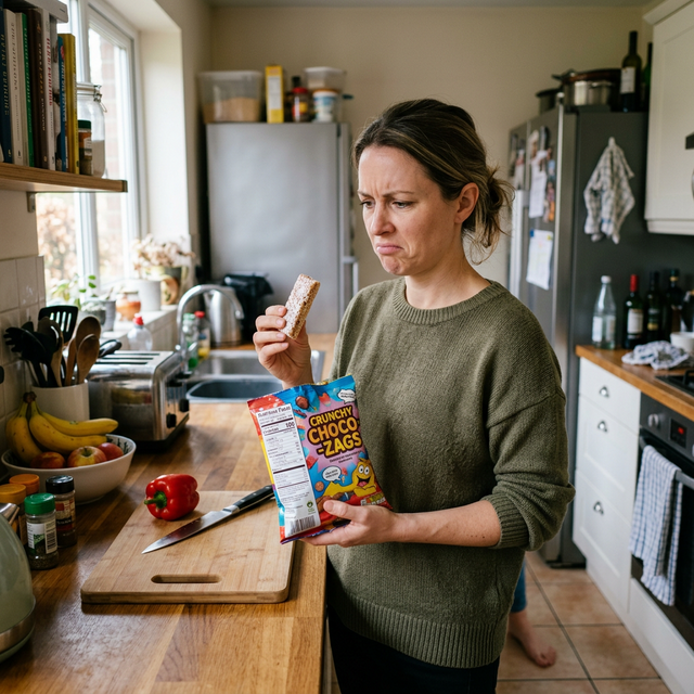 Mujer mirando dudosa y desconfiada una barrita de chocolate ultraprocesada en la cocina