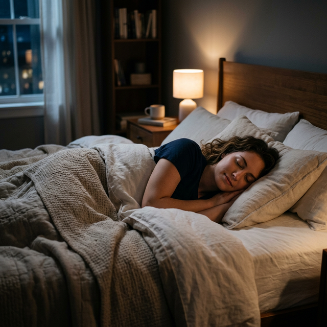 Persona durmiendo profundamente en su cama, reflejando el descanso reparador del ayuno