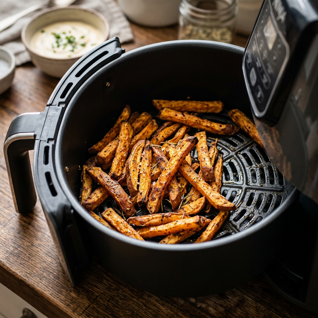 Detalle de una freidora de aire con patatas doradas y crujientes en una cesta metálica perforada