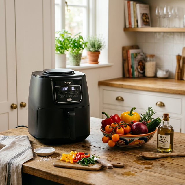Freidora de aire de doble cesta junto a verduras frescas en una encimera de cocina moderna