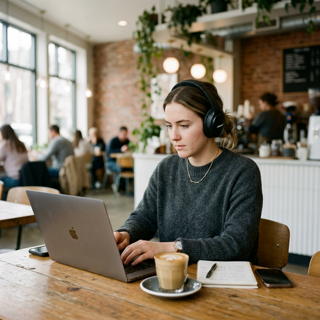 Persona usando auriculares con cancelación de ruido mientras trabaja en un café moderno y luminoso