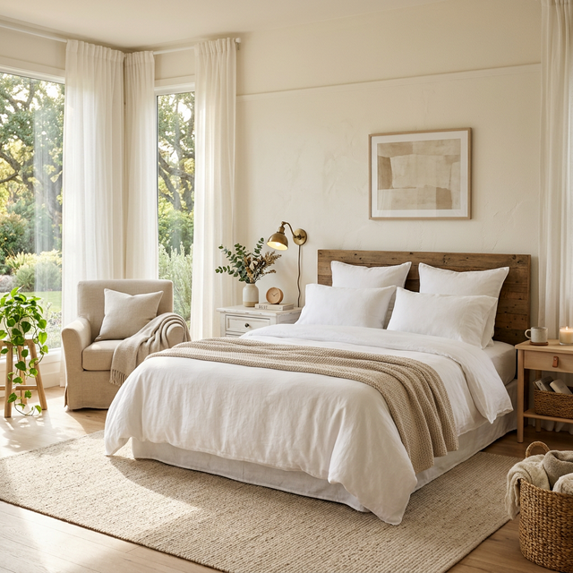 Dormitorio luminoso y tranquilo con colchón blanco vestido con ropa de cama de algodón y luz natural de mañana