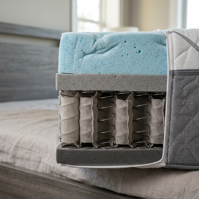 Sección transversal de un colchón híbrido premium que muestra la capa de espuma de gel superior y los muelles ensacados inferiores