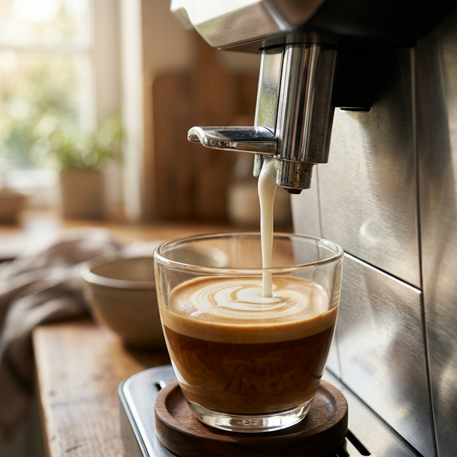 Primer plano realista echando espuma texturizada de leche caliente gruesa sobre brillante y limpia taza reluciente con fondo crema