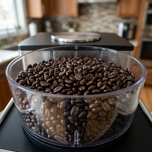 Granos de café oscuros brillantes recién tostados depositados arriba de la tolva cafetera lista para moler automático