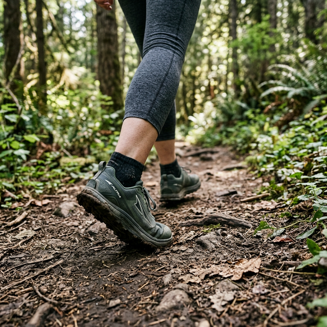 Persona caminando por la montaña con zapatillas anchas