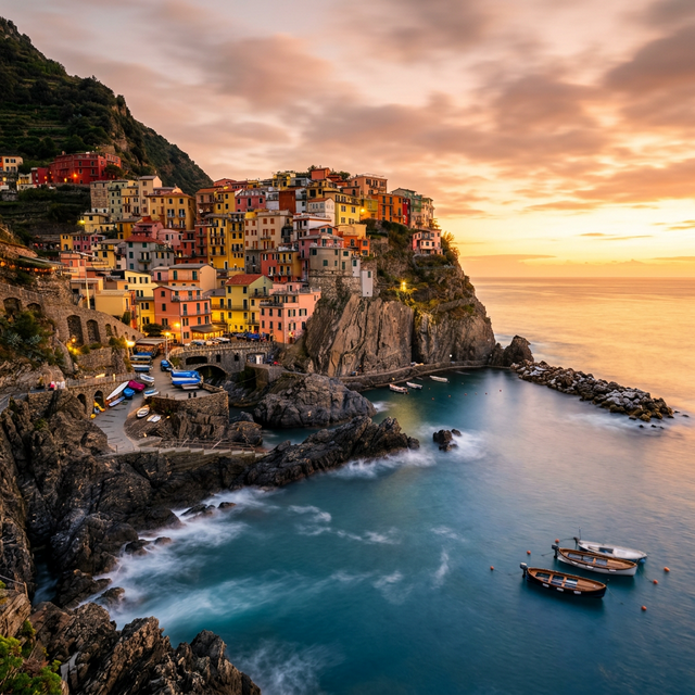 Casas de colores apiladas en el acantilado frente al mar en Cinque Terre (Manarola)