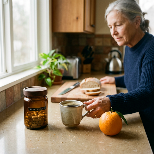 Mujer mayor preparando su rutina de suplementos en la cocina