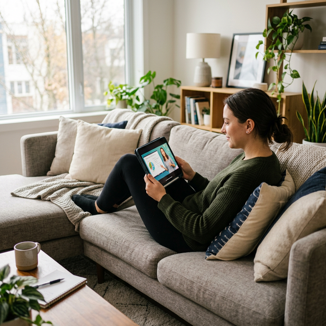 Persona en el sofá de su casa estudiando un curso en tablet en una postura relajada y cómoda