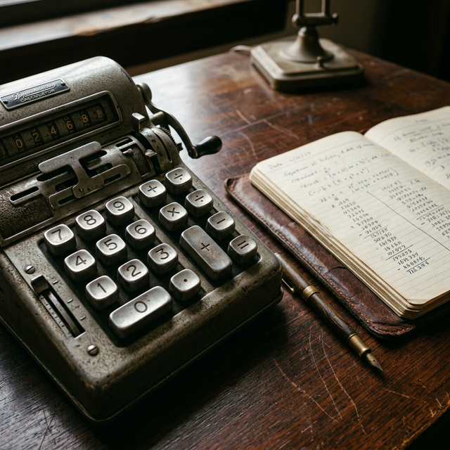 Calculadora clásica y antigua con botones plateados al lado de unos apuntes y papeles simbolizando finanzas precisas