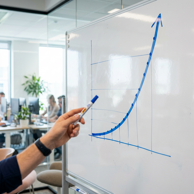 Persona dibujando un gráfico de crecimiento exponencial curvo en una pizarra clara