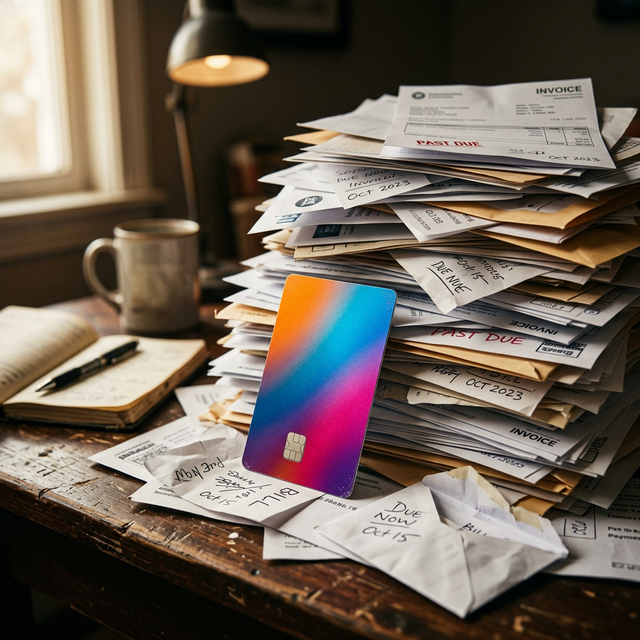 Representación visual dramática del agobio que producen las facturas de deudas en tarjetas acumulables por las altas tasas de interés