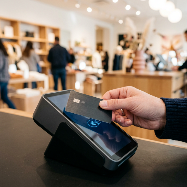 Chica pagando en una terminal (TPV) con tarjeta contactles y con su telefono móvil de forma rapida y comoda