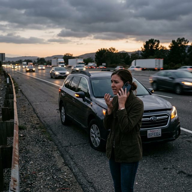Conductor con cara de agobio tirado en el arcén de la carretera llamando a la grúa porque su coche se ha averiado de repente