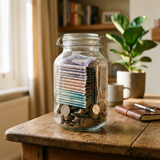 Un bote enorme de cristal en una mesa lleno de billetes y monedas iluminado por la luz de la mañana, que representa el fondo guardado