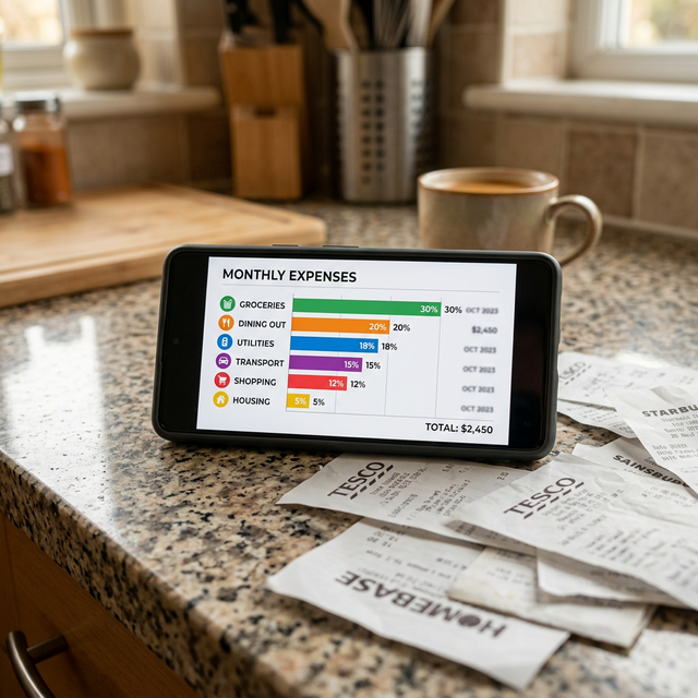 Un teléfono al lado de un comprobante con interfaz visual e intuitiva organizando y categorizando barra de presupuestaciones mensuales de cuentas