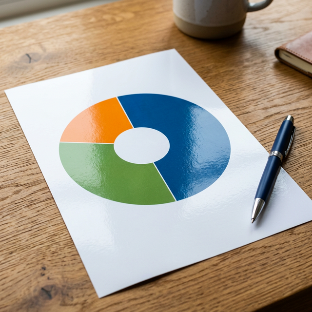 Un gráfico circular sobre una mesa dividido en secciones: 50% gastos necesarios y demás
