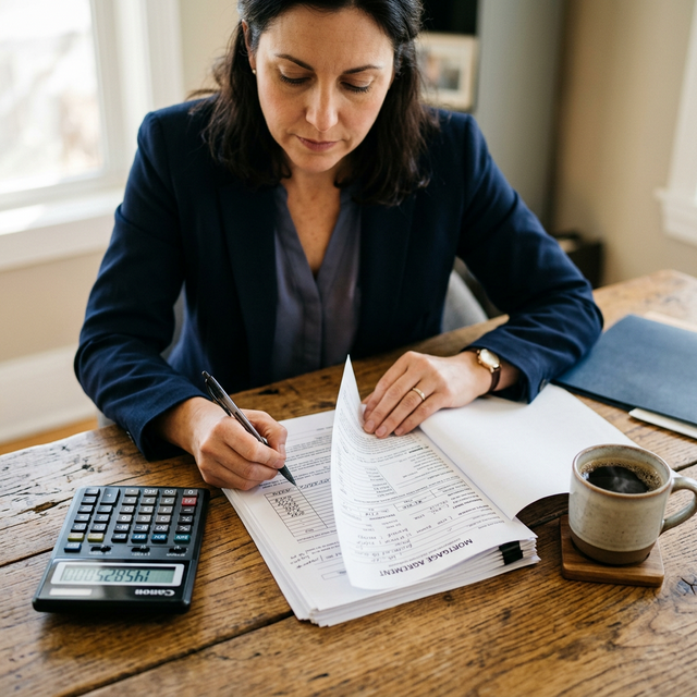 Abogada especializada verificando de reojo con un lápiz y calculadora todos los papeles, tasas y cifras reales asociadas a una hipoteca.