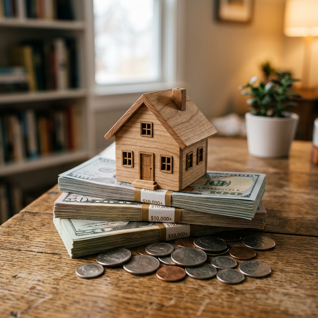 Modelo de una casita de madera encima de fajos de billetes, representando todo el dinero que hay que ahorrar como entrada para comprar
