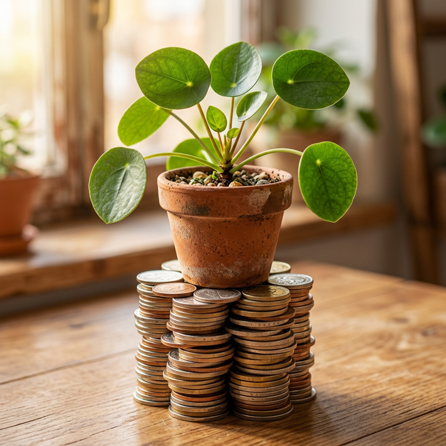 Planta pequeña creciendo sobre una pila de monedas simbolizando el crecimiento a largo plazo