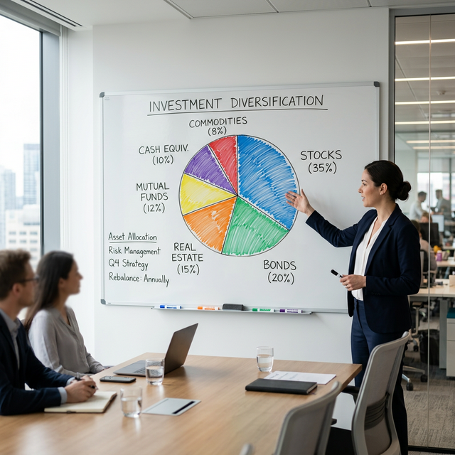 Gráfico circular en una pizarra mostrando diversificación de carteras