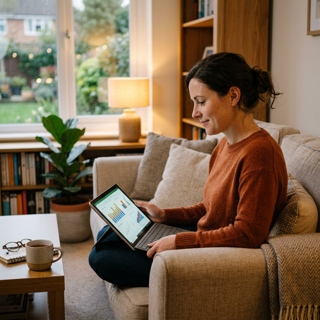 Chica revisando los gráficos de sus inversiones y ahorros desde el sofá de su casa con su ordenador