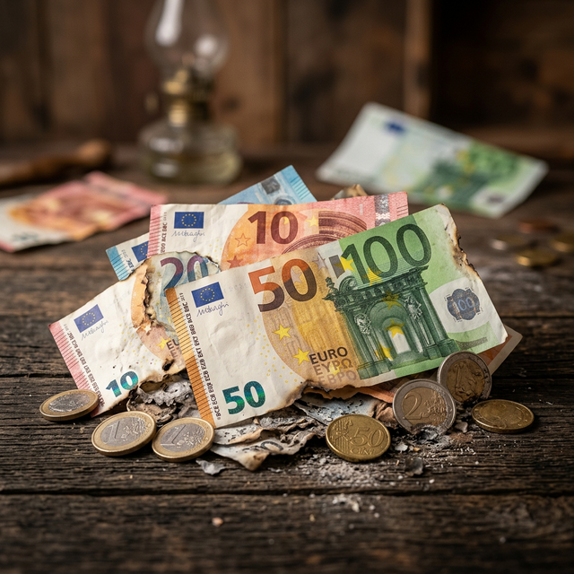 Billetes y monedas perdiendo su valor y encogiendo, representando cómo la inflación devora el dinero