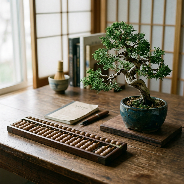 Un tradicional ábaco de madera al lado de un precioso bonsái mini en una mesa, simbolizando la relajación mental y el orden al hacer las cuentas del dinero
