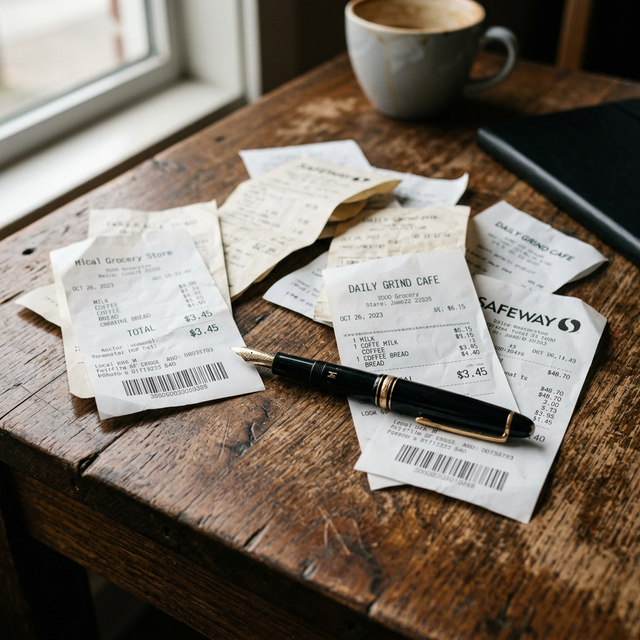 Un montón de tickets de compra de cafeterías y supermercados esparcidos por una mesa de madera al lado de una pluma estilográfica elegante