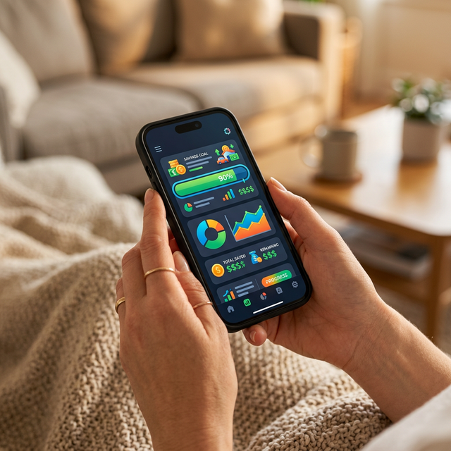 Pantalla de una aplicación financiera móvil mostrando el progreso de un objetivo de una forma visual en la mano del usuario