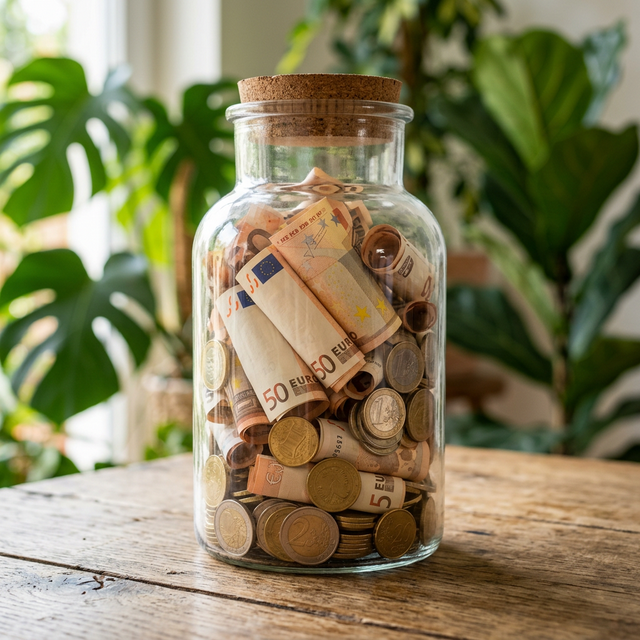 Bote de cristal llenándose de billetes como símbolo de ahorro continuado