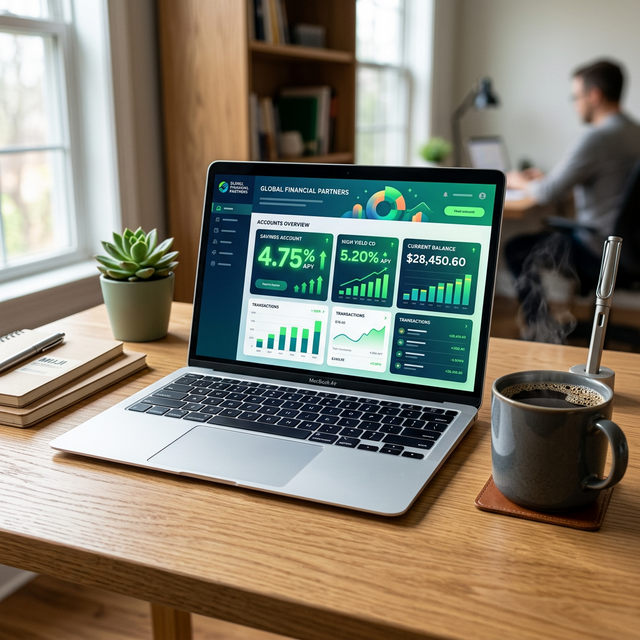 Ordenador portátil en un escritorio mostrando en su pantalla estadísticas positivas bancarias al alza en cifras de color verde iluminado