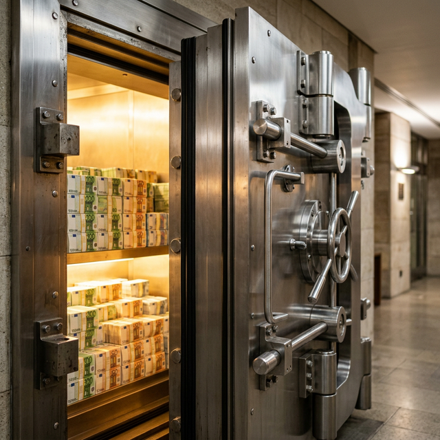 Puerta de pesada seguridad blindada a una gigante caja acorazada con fajo de lingotes brillantes reluciendo luz amarilla a destellos de fondo de bóveda