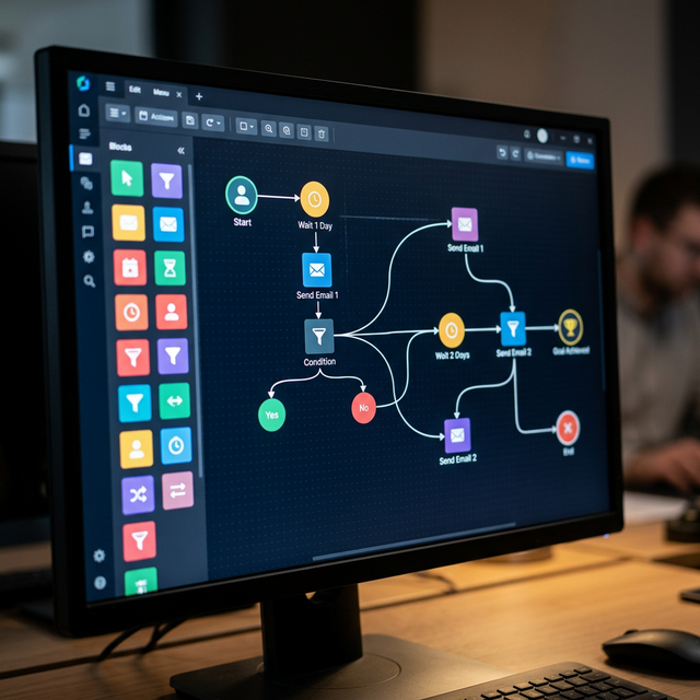 Interfaz de un editor visual de automatizaciones de correo mostrando ramificaciones condicionales