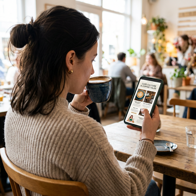 Mujer leyendo una newsletter en un smartphone mientras desayuna café en una luminosa cafetería