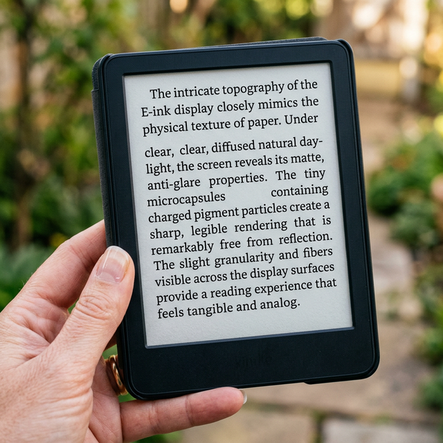 Pantalla de lector electrónico mostrando texto nítido con aspecto de papel tradicional al aire libre agarrado por una mano