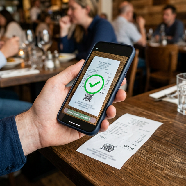 Mano sujetando un teléfono moderno escaneando un tique de restaurante con el resultado mostrando un gran símbolo de verificación verde en la pantalla