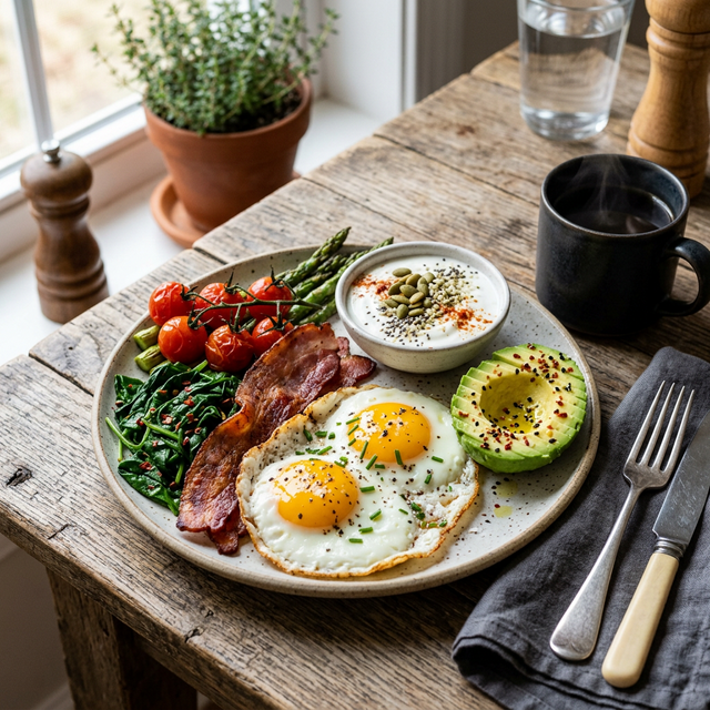 Desayuno salado alto en proteínas con huevos y aguacate para mantener la insulina estable
