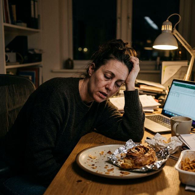 Mujer mirando dudosa y desconfiada una barrita de chocolate ultraprocesada en la cocina