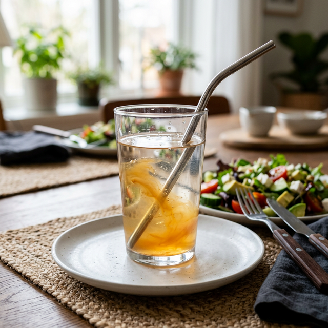 Vaso de agua con un chorro de vinagre de manzana y una pajita antes de comer