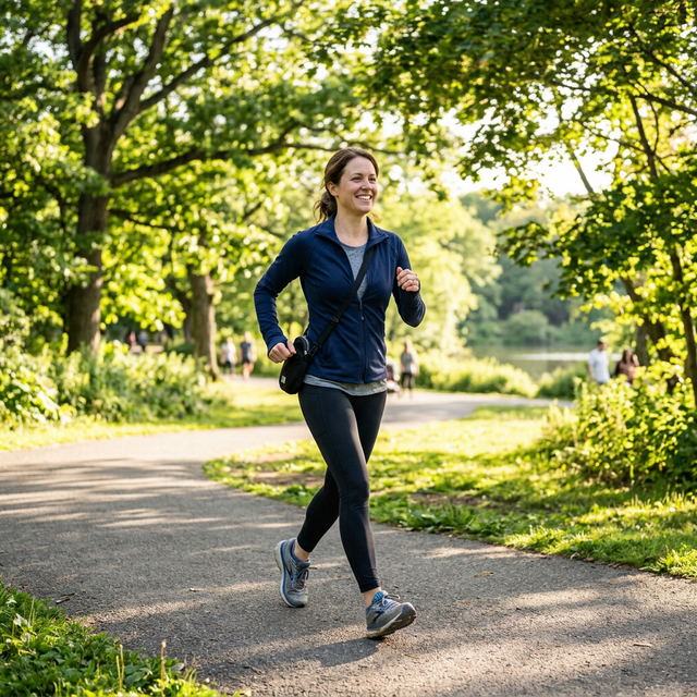Mujer en ropa deportiva caminando a buen ritmo por un parque al sol