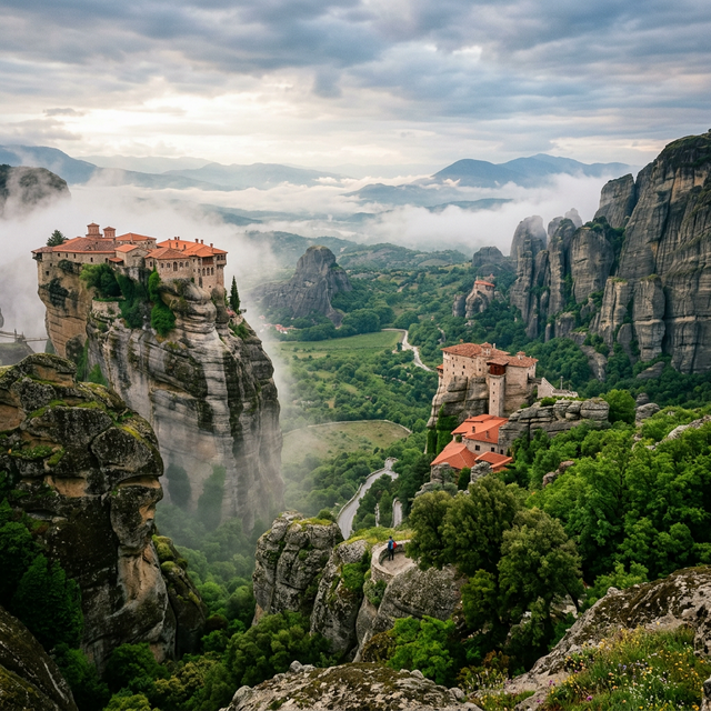 Vista desde un mirador elevado de los enormes pináculos rocosos de Meteora con los monasterios asomando entre la bruma del amanecer