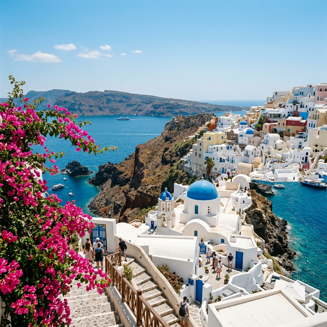 Las casas blancas de Oia en Santorini con sus cúpulas azules asomando sobre el borde de la caldera del Egeo