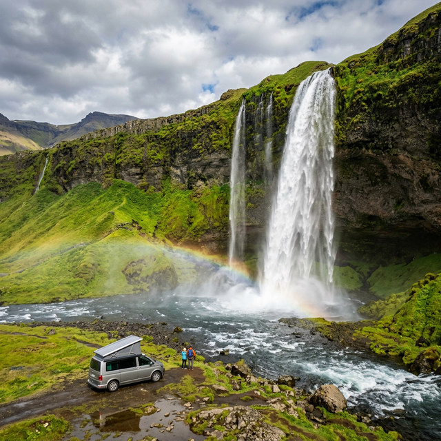 Camper estacionada bajo el arco iris de la cascada Skógafoss en pleno verano de Islandia