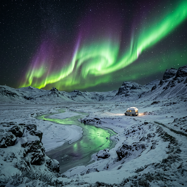 Aurora Boreal sobre un valle nevado en Islandia con una furgoneta camper